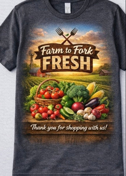 Gray t-shirt with 'Farm to Fork Fresh' graphic design featuring vegetables and a scenic background.
