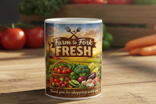 Farm to Fork Fresh Mug in rustic farm setting